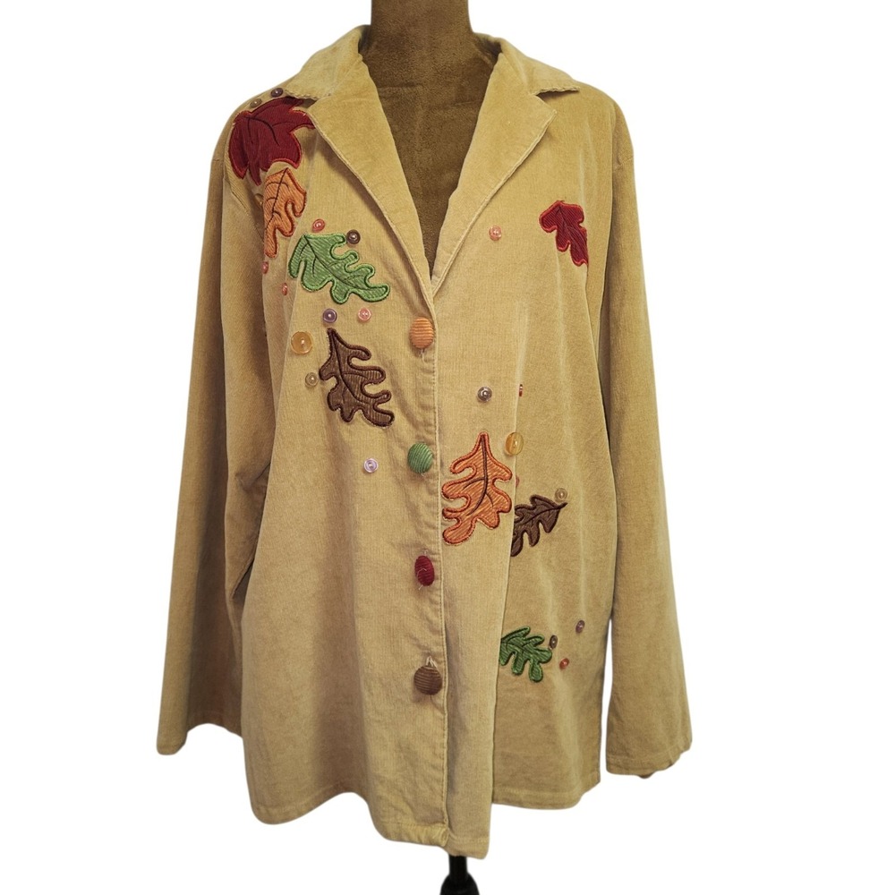 Autumn Fall Blazer Jacket Corduroy Fall Leaf Print Buttons Women's Size L